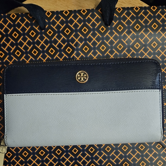 Tory Burch Handbags - Tory Burch Blue and Gray Wallet with Gold Logo